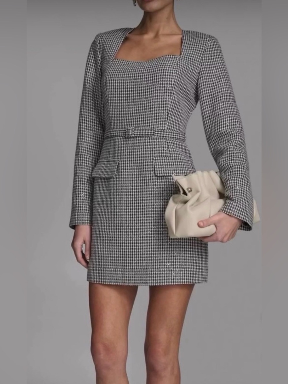 BCBG Houndstooth Long-Sleeve Mini Dress - Gray